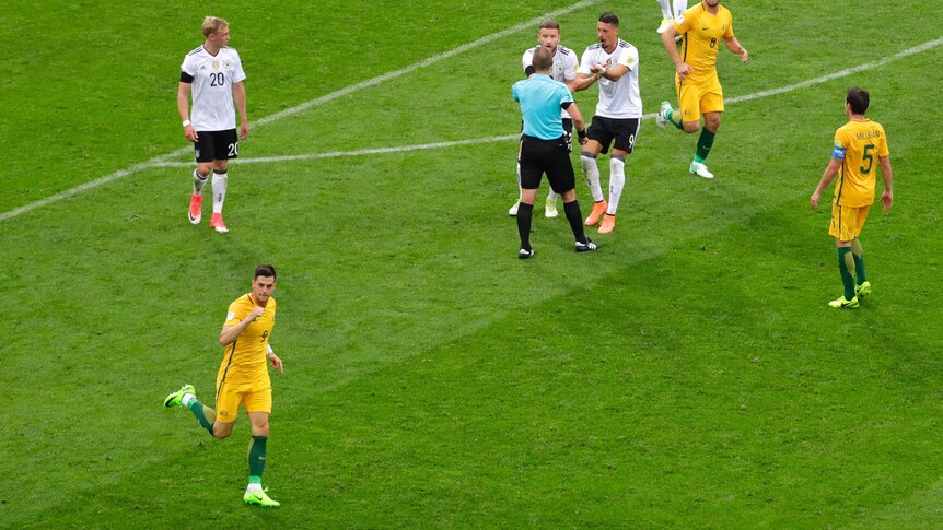 Socceroos' Tomi Juric celebrates a goal against Germany in the Confederations Cup