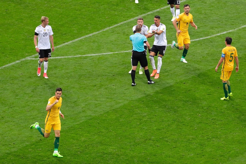 Socceroos' Tomi Juric celebrates a goal against Germany in the Confederations Cup