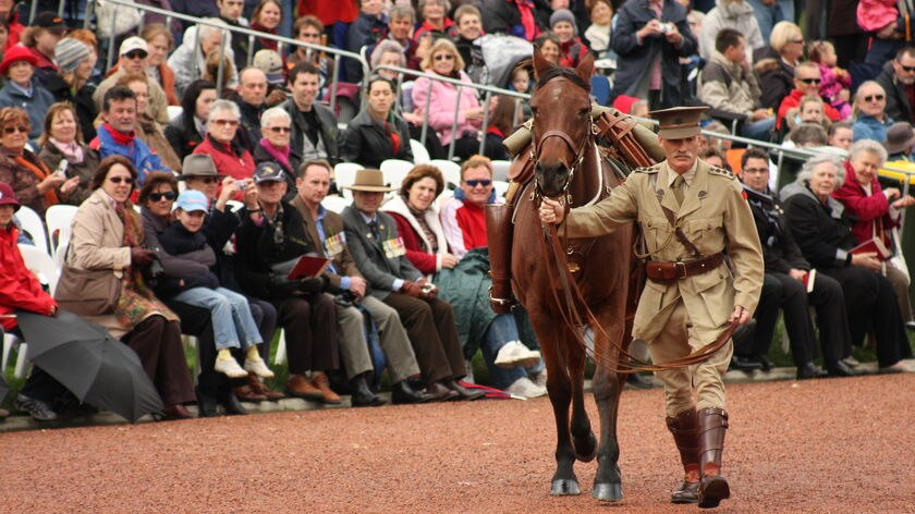 The riderless horse, Rusty, leads his last the Anzac Day parade