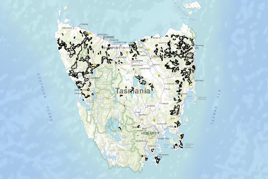 Shaded areas show the Future Potential Production Forest, with the Liberals promising to release 40,000 hectares for logging.