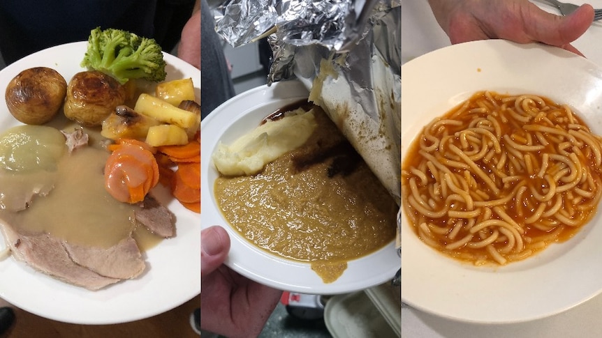 Composite of three aged care meals.