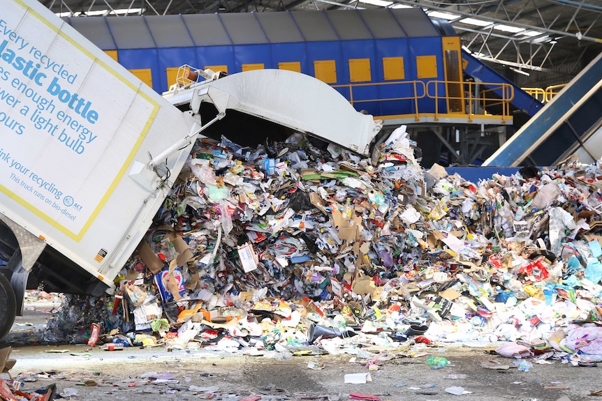 A truck dumps piles of cardboard for recycling at a waste facility.