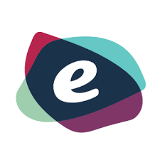 A lower case e in the middle of two overlapping shapes that are blue and pink 