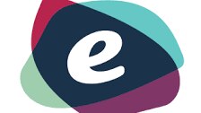 A lower case e in the middle of two overlapping shapes that are blue and pink 