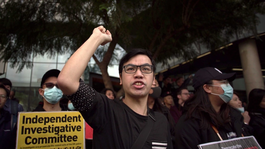 A pro-democracy supporter chants words of solidarity for his counterparts in Hong Kong.