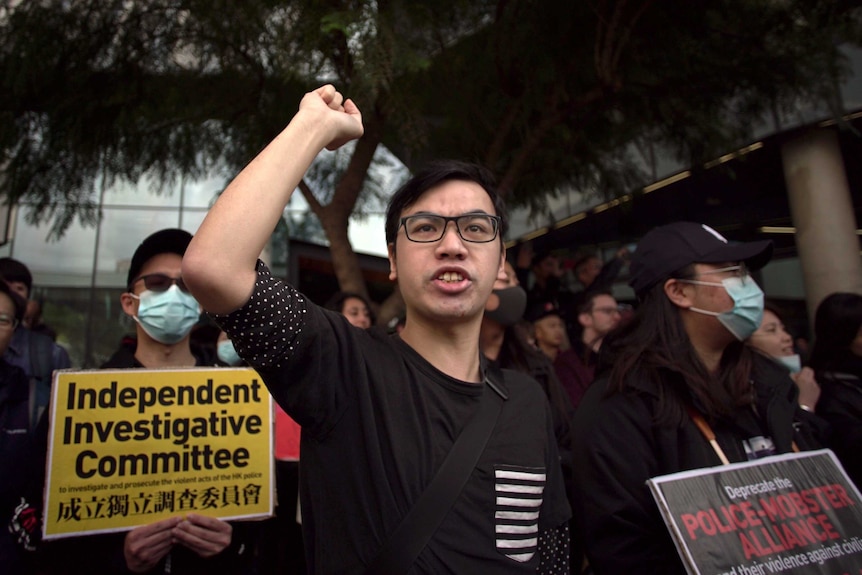 A pro-democracy supporter chants words of solidarity for his counterparts in Hong Kong.