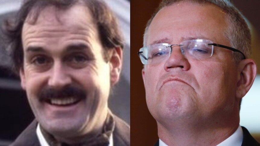 Composite image of John Cleese as Basil Fawlty, and Scott Morrison