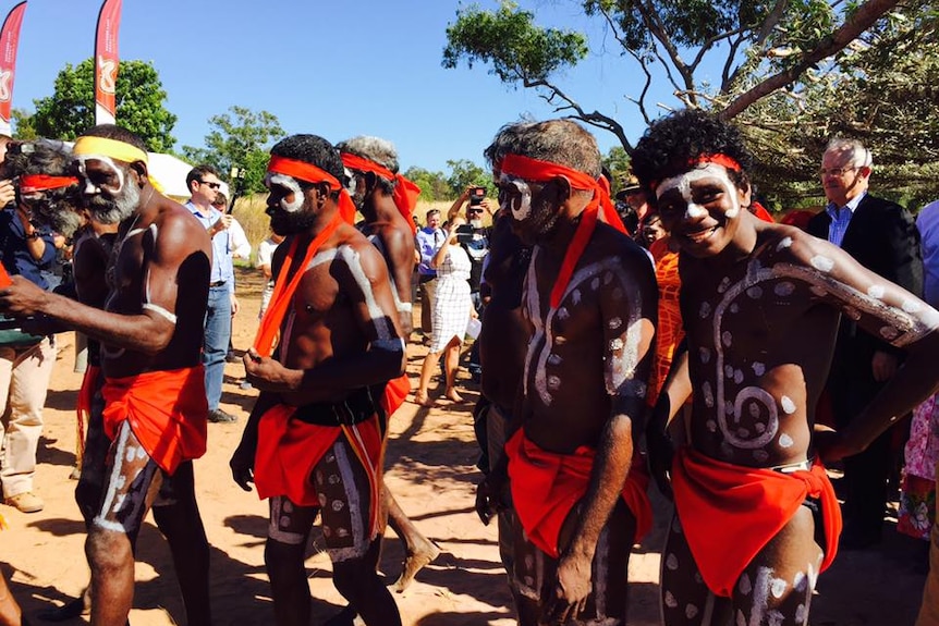 Aboriginal dancers with Malcolm Turnbull.