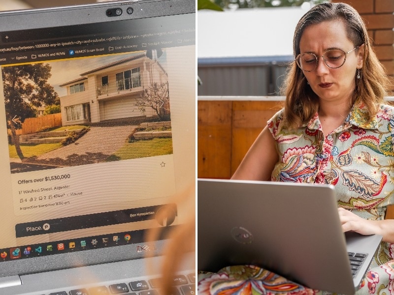 A composite image of a woman looking at a computer, and a computer screen showing a house for sale