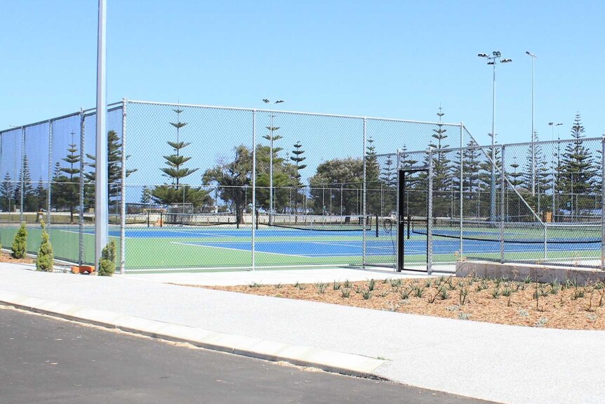 A wide shot of the courts at the Busselton tennis centre.