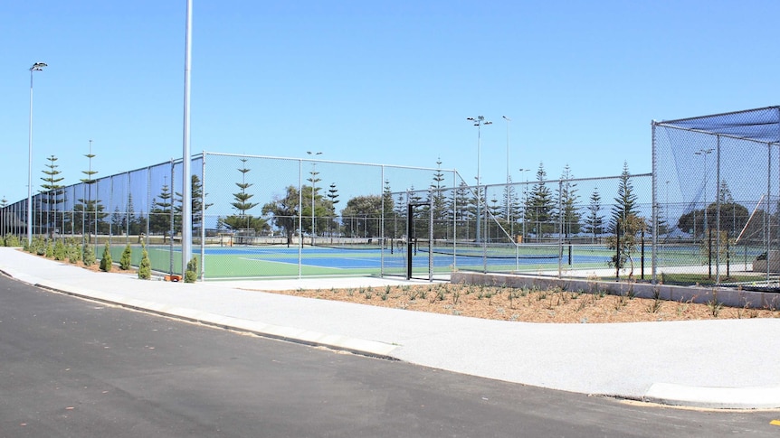 A wide shot of the courts at the Busselton tennis centre.