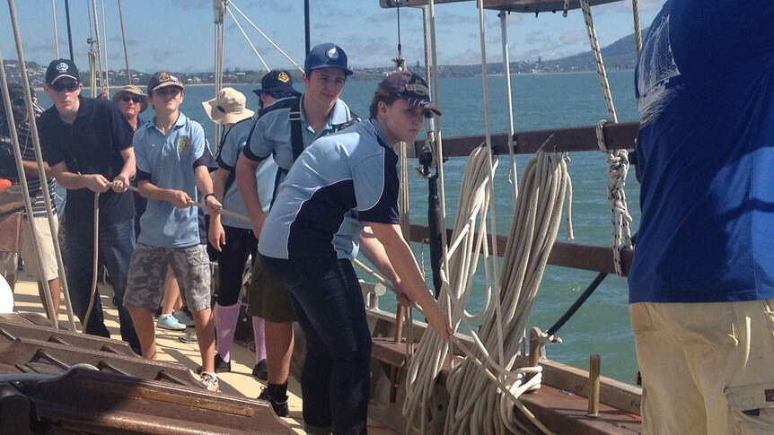 Teenagers learn the ropes on board tall ship South Passage, sailing off Yeppoon near Rockhampton in central Qld in May 2014.