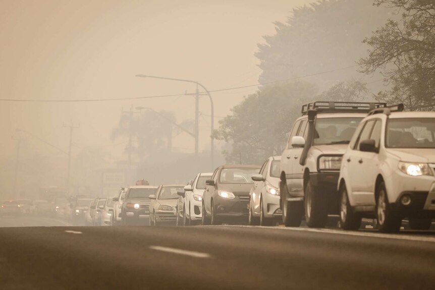 Cars banked up along a smoky road.