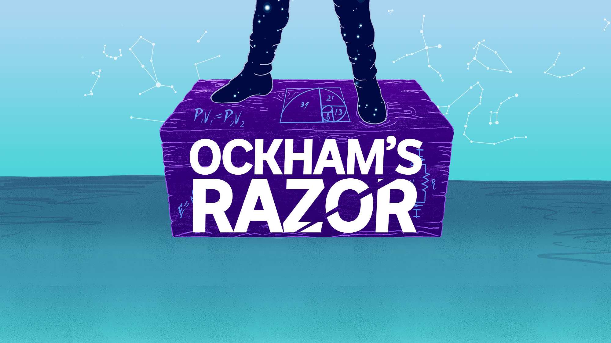 Illustration of a person's legs standing on a box surrounded by stars and constellations