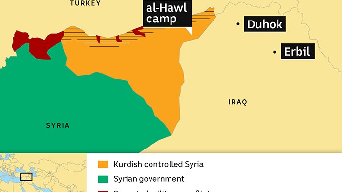 Map of Northern Syria showing border countries Turkey and Iraq as well as Kurdish forces, Al-Hawl camp, Duhok and Ebril