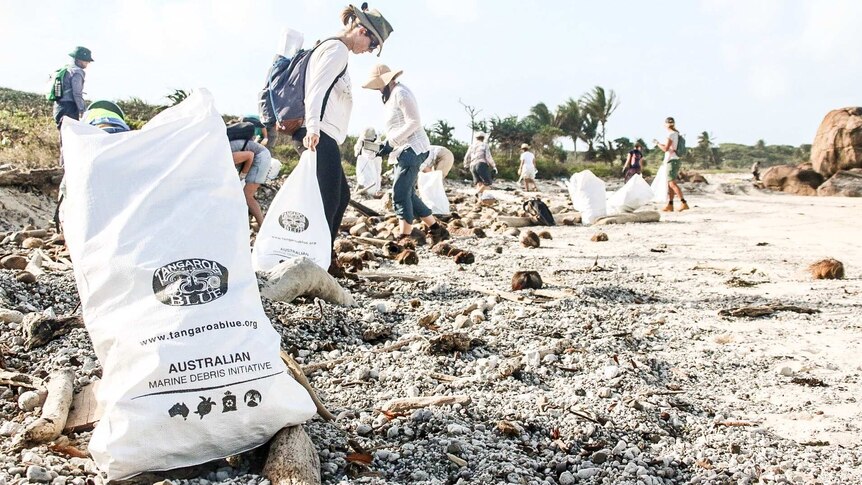 Garbage bag lies on the beach and volunteers clear up rubbish