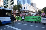 Protesters hold up signs blocking traffic in Brisbane city.