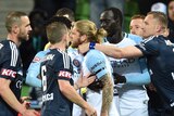 Melbourne Victory and Melbourne City players get into it