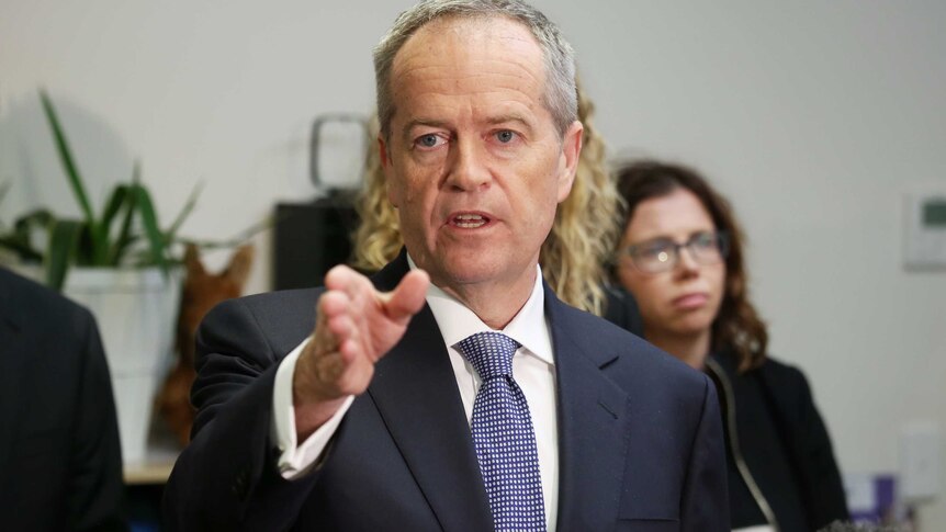 Opposition Leader Bill Shorten points in the South Australian electorate of Boothby on May 1, 2019.