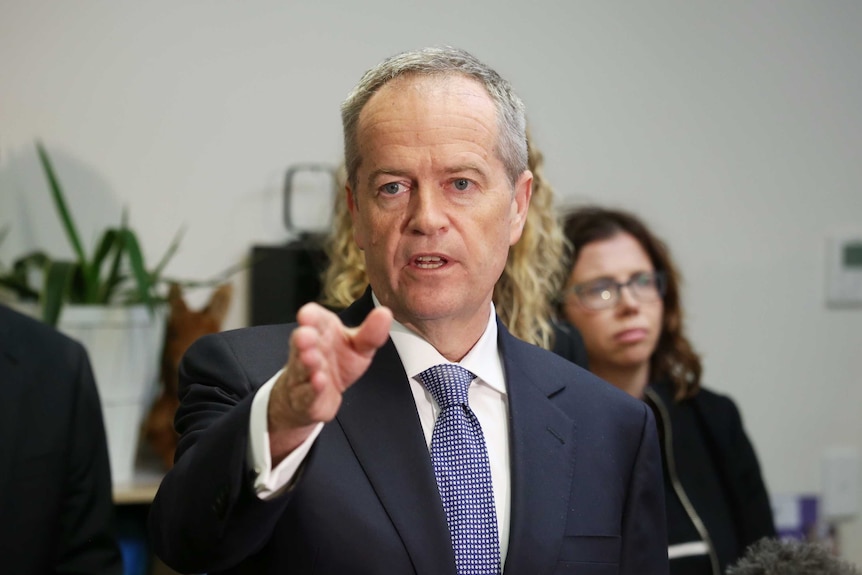 Opposition Leader Bill Shorten points in the South Australian electorate of Boothby on May 1, 2019.