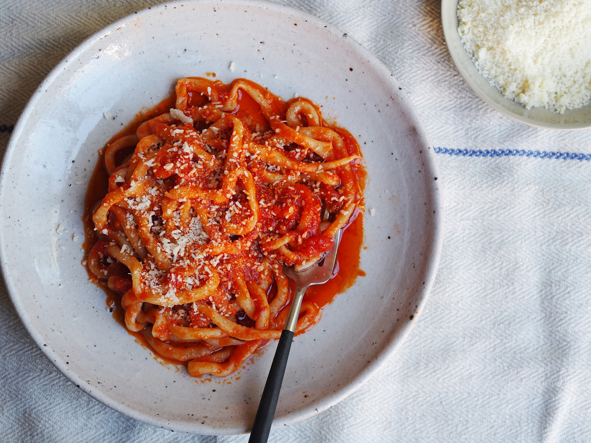 A bowl of hand rolled pici pasta in a tomato and garlic sauce, topped with grated cheese. A vegetarian meal.