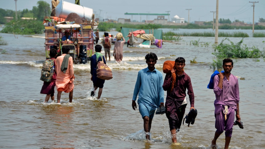 People wade through flood waters with their belongings in Pakistan. 