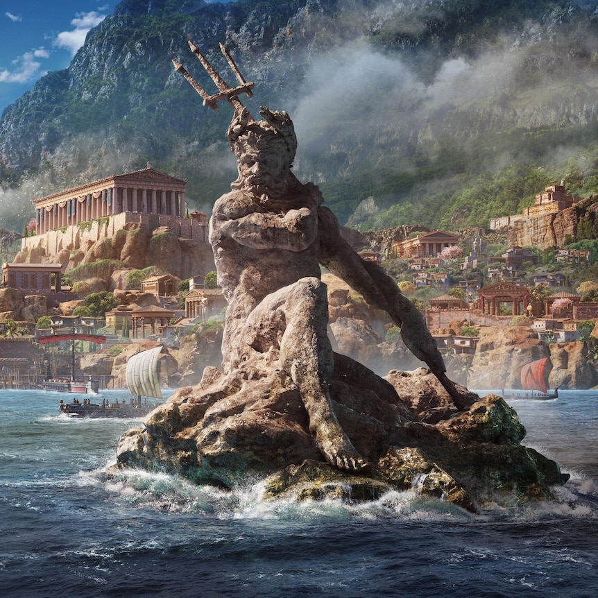 A Spartain warrior at the shore facing the Aegean Sea, with a giant statue of Poseidon and the city of Athena in the distance.
