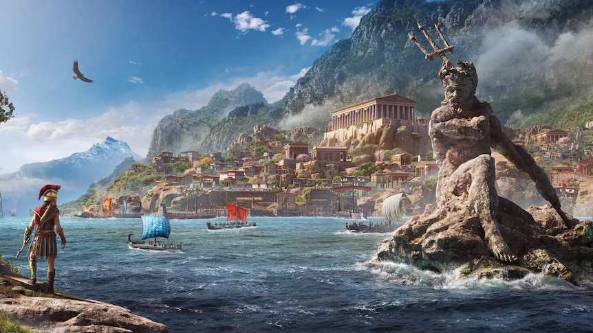 A Spartain warrior at the shore facing the Aegean Sea, with a giant statue of Poseidon and the city of Athena in the distance.