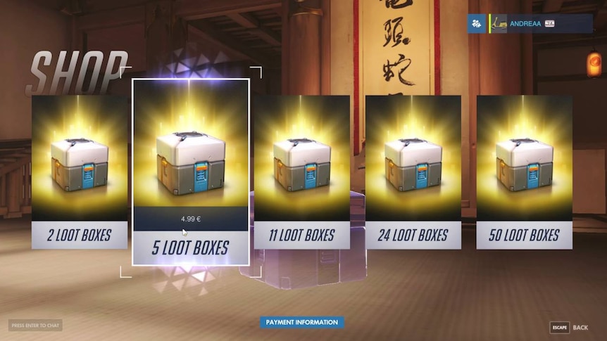 A screen showing loot boxes for sale in the game Overwatch.