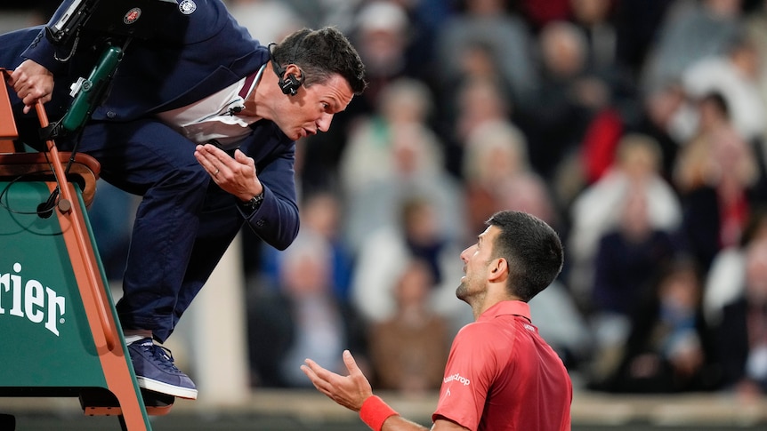 Tennis player Novak Djokovic speaks to chair umpire Nico Helwerth during a match at the French Open.