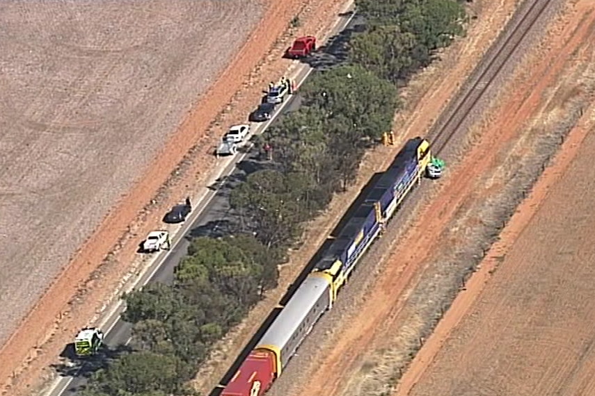 A freight train from the air crashed into a car next to a row of trees