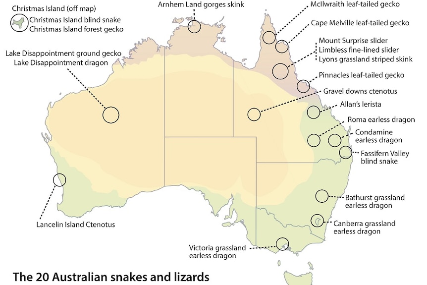 A map of Australia showing the locations of endangered reptiles.