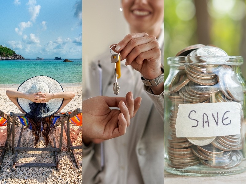 a composite image of a lady sunbaking at the beach, a person holding house keys, and a jar full of coins