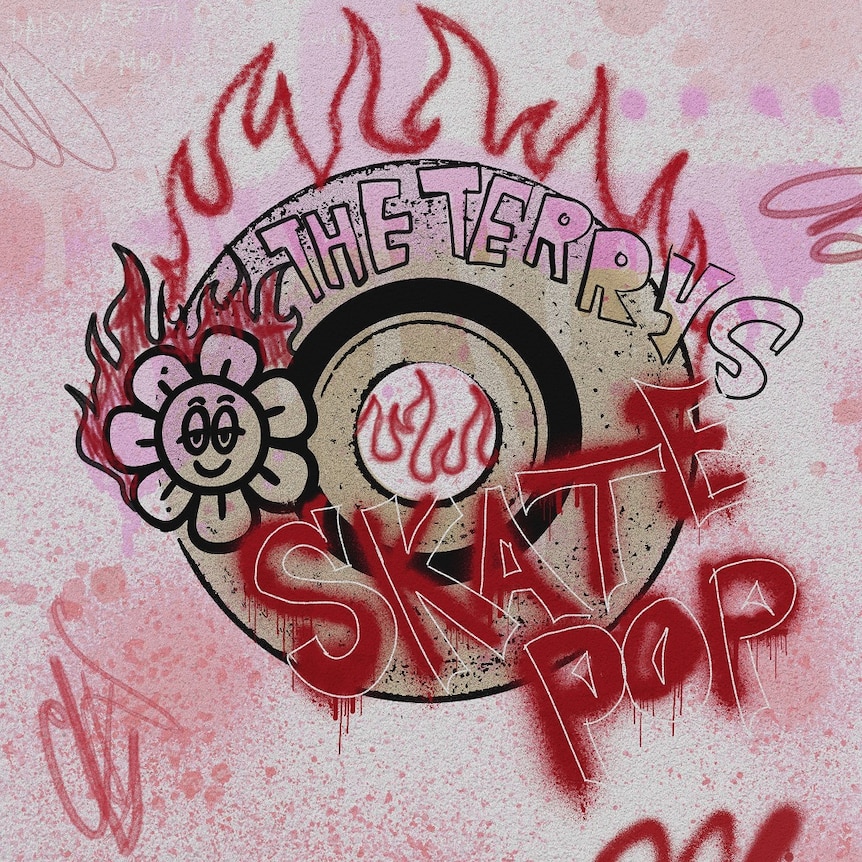 A cartoon skateboard wheel covered in graffiti writing that says The Terrys Skate Pop.