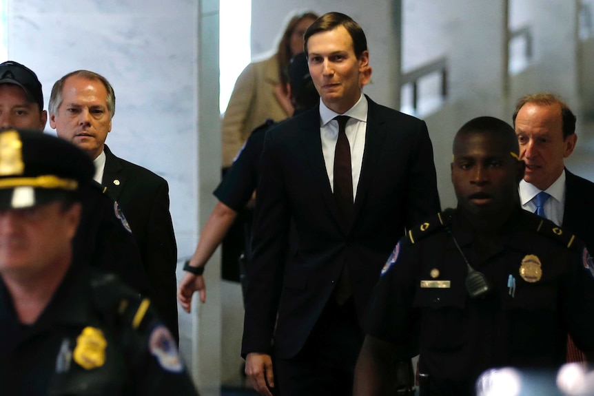 Jared Kushner departs following his appearance before a closed session of the Senate Intelligence Committee.