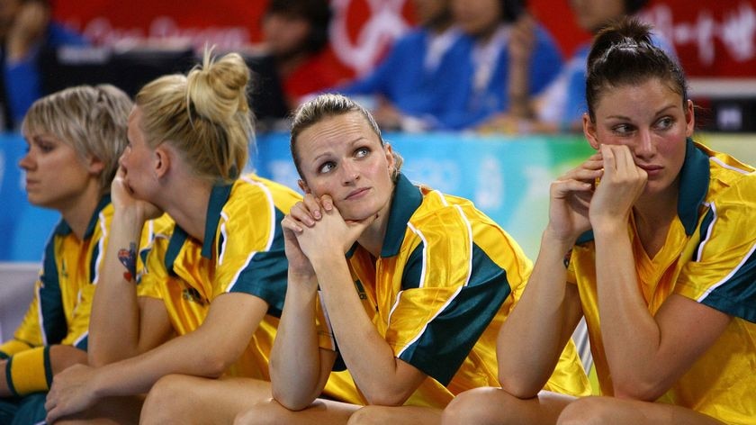 Opals players Jenni Screen and Hollie Grima watch the gold medal slip away.