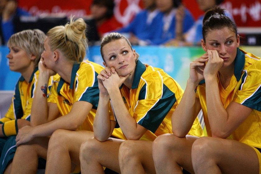 Opals players Jenni Screen and Hollie Grima look dejected as the gold medal women's basketball game