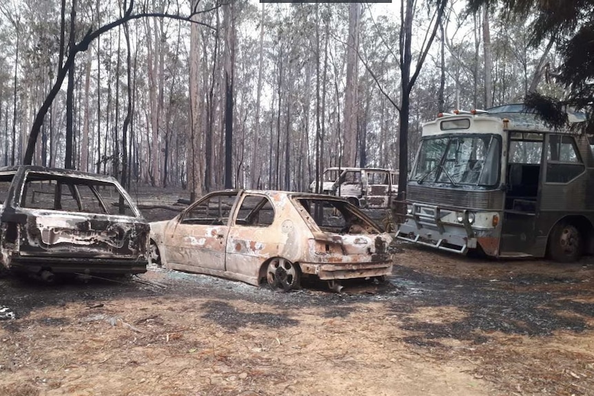 Two burnt out cars on a paddock next to an old rusty bus among burnt trees