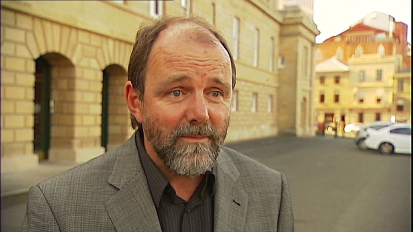 Timber industry executive, Evan Rolley stands outside Parliament House in Hobart.