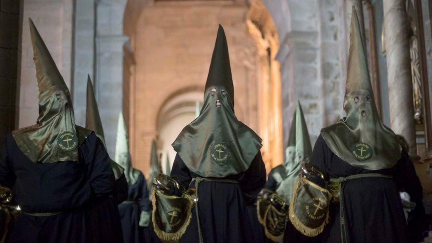 The procession of the Ultima Cena del Salvador brotherhood during holy week in Santiago de Compostela