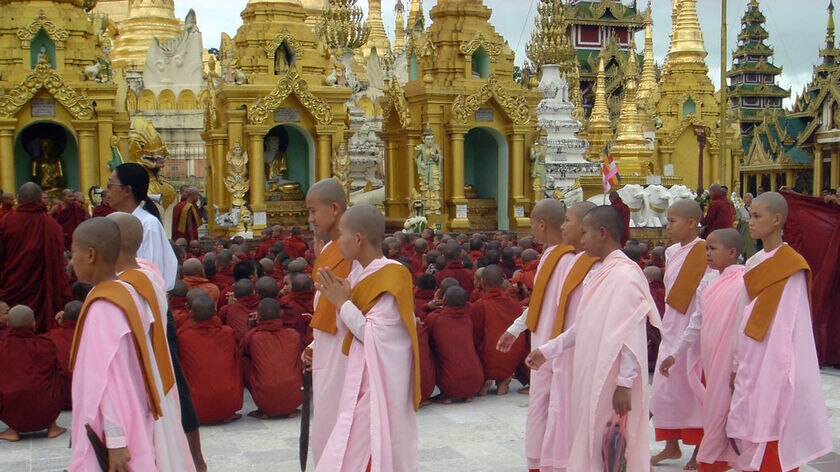 International support: Buddhist nuns march in Rangoon on Sunday