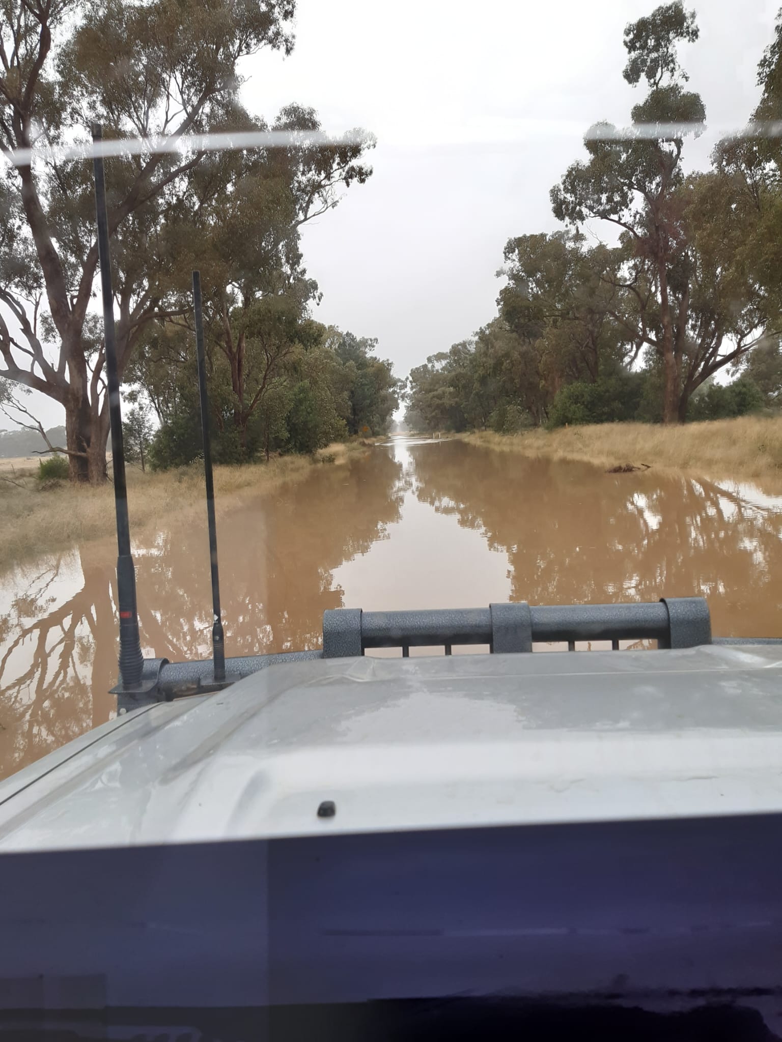 The bonnet of a four wheel drive as it moves along a flooded road.