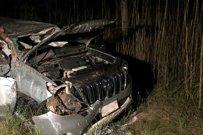 The wreckage of a crashed Toyota Prado