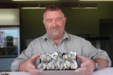 Man standing in shop front holding a tray of a dozen oysters