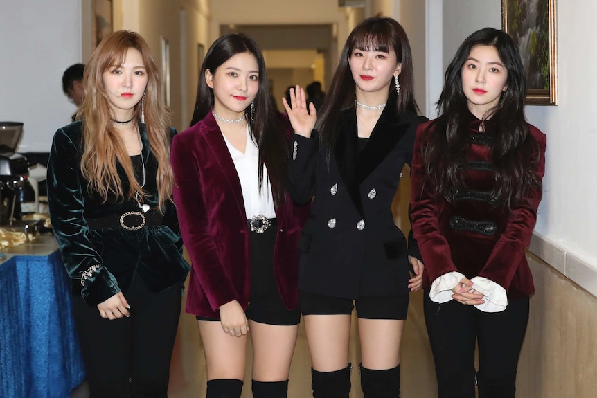 South Korean girl band Red Velvet in Pyongyang. There are four members.