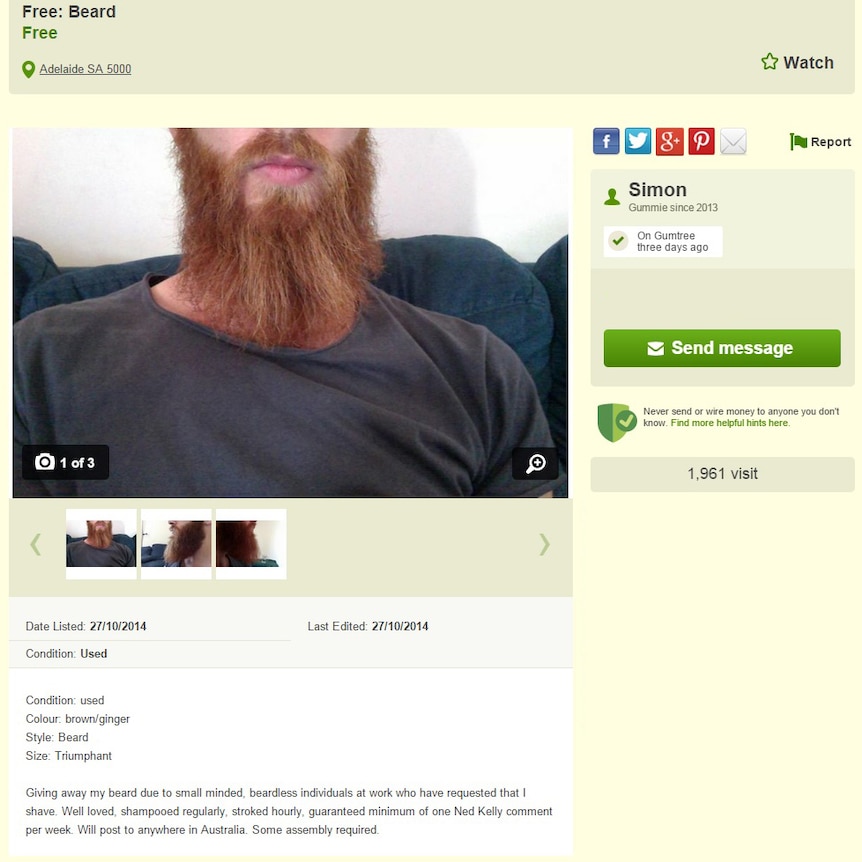 Free beard to a good home, Simon's ad as it appeared on Gumtree.