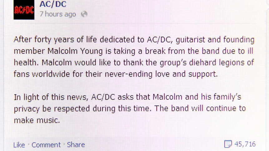 Message on the AC/DC Facebook page announcing Malcolm Young's break from the band due to illness.