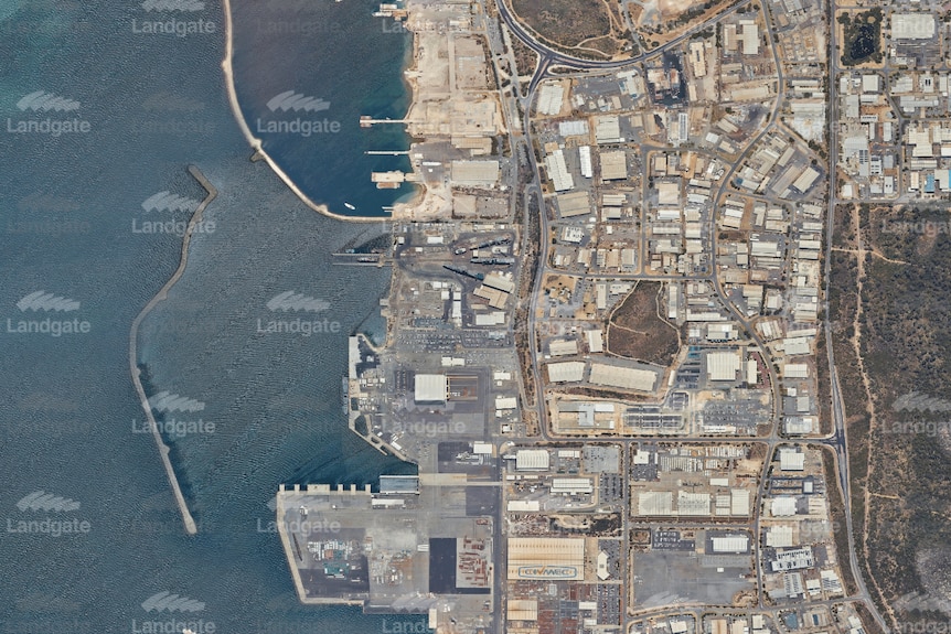 A screenshot of an aerial photo of an industrial area