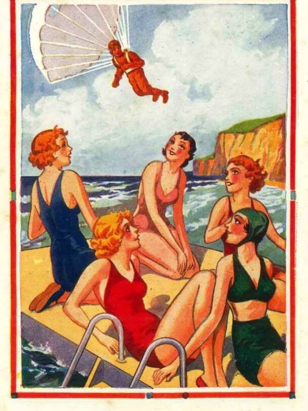 Vintage poster featuring women on beach and man parachuting