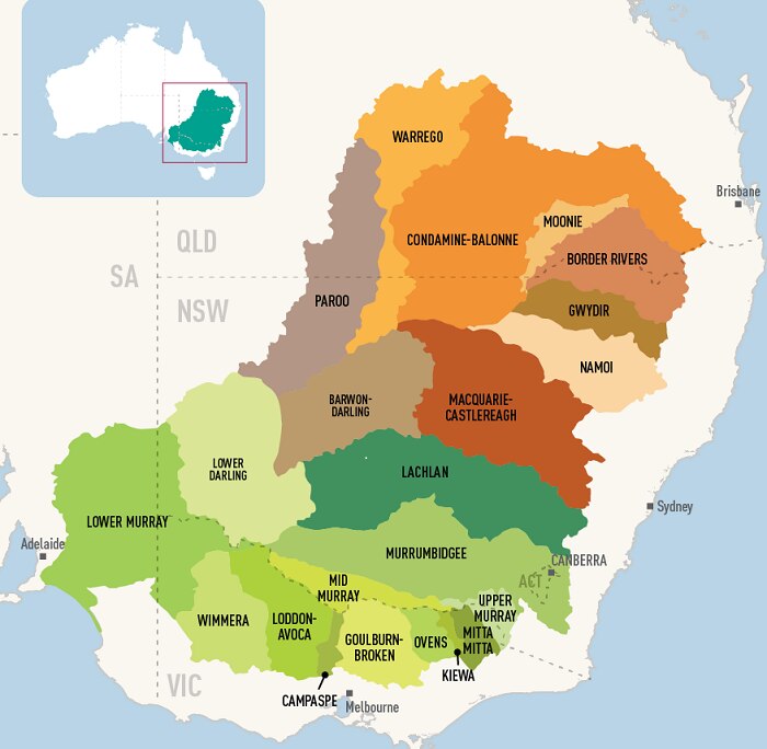 Map of the Murray Darling Basin with all of the smaller catchments within labelled